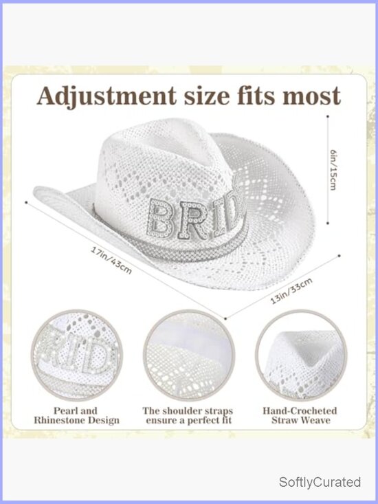 White Wide Brim Cowgirl Hat with Pearl Bride for Bachelorette Wedding main image 4
